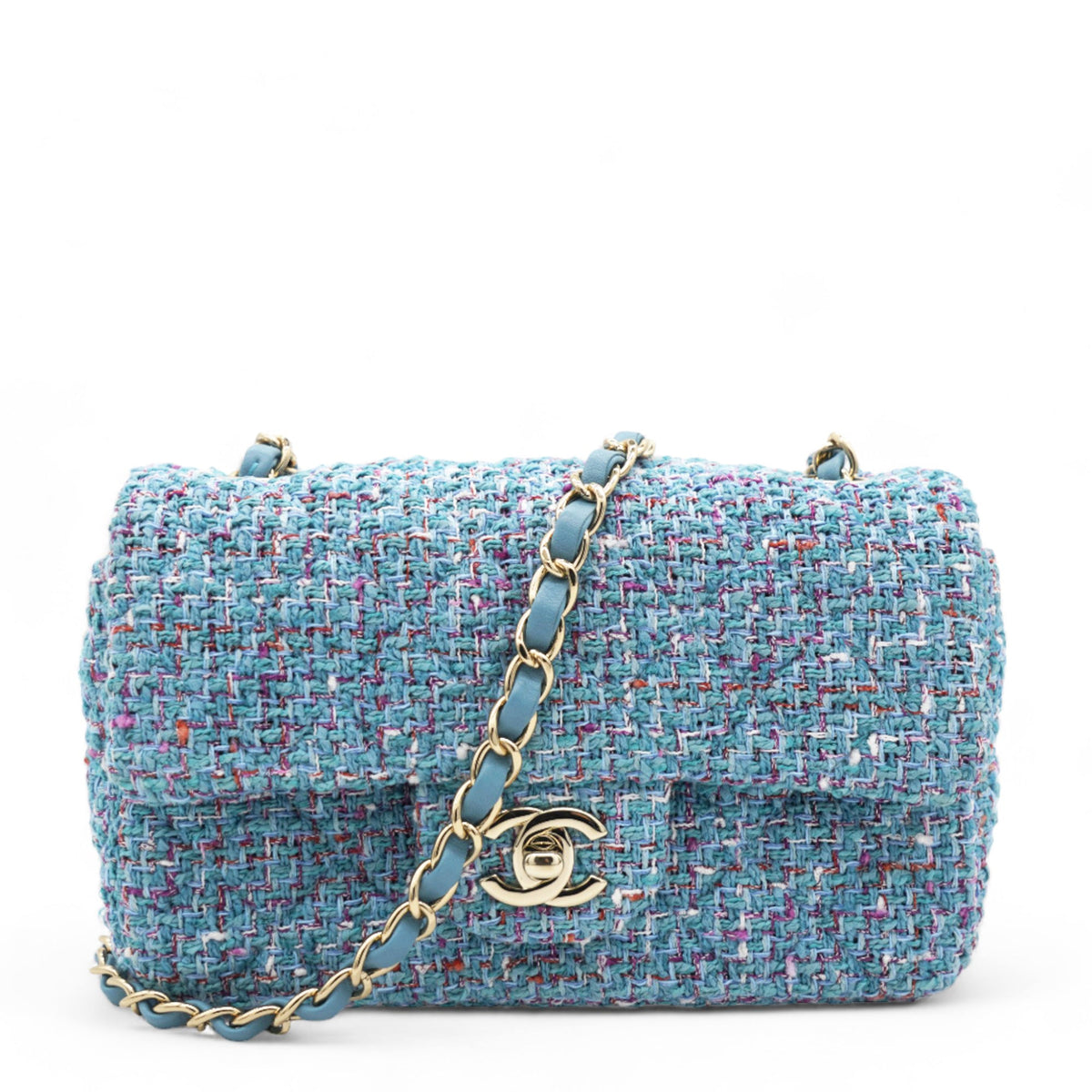 Chanel Tweed Quilted Mini Rectangular Flap Turquoise