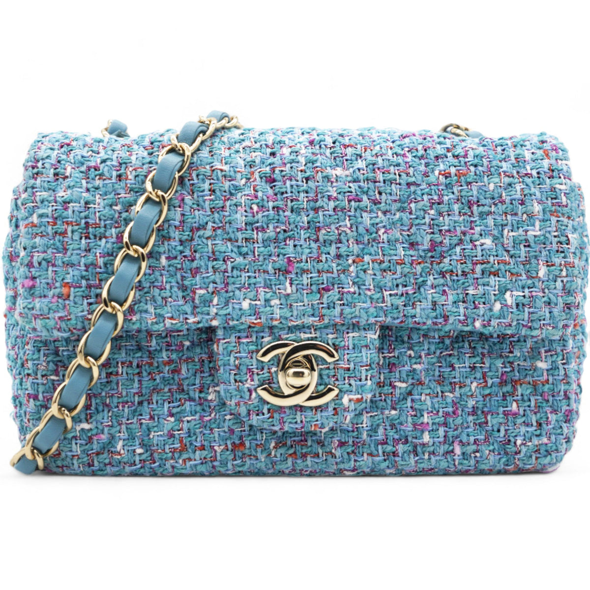 Chanel Tweed Quilted Mini Rectangular Flap Turquoise