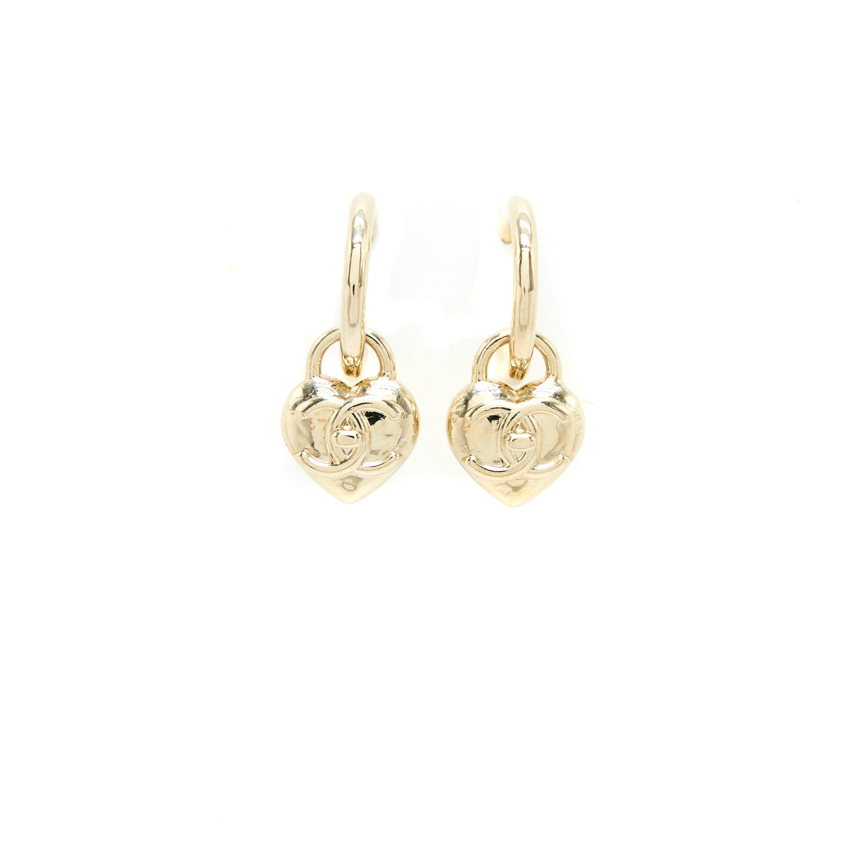 Chanel Heart CC Earrings Light Gold Tone