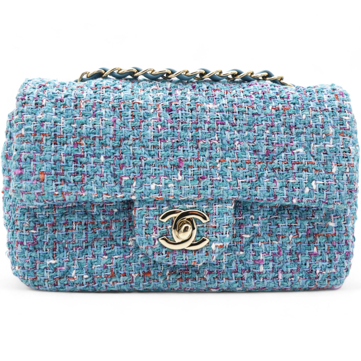 Chanel Tweed Quilted Mini Rectangular Flap Turquoise