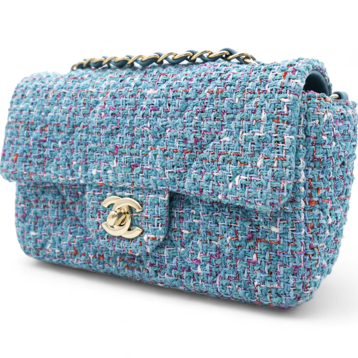 Chanel Tweed Quilted Mini Rectangular Flap Turquoise