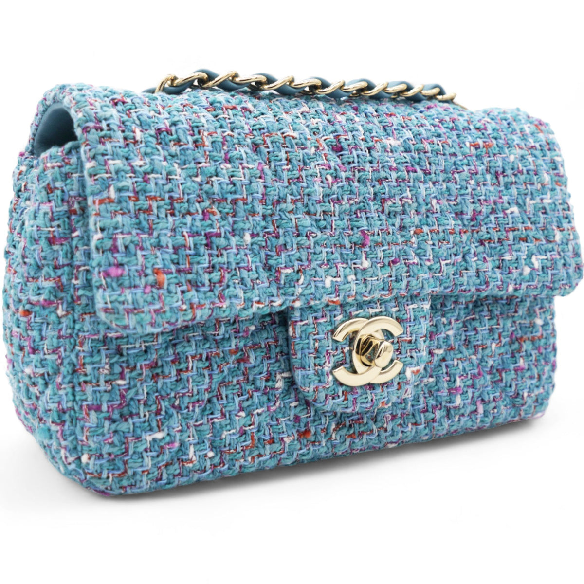 Chanel Tweed Quilted Mini Rectangular Flap Turquoise