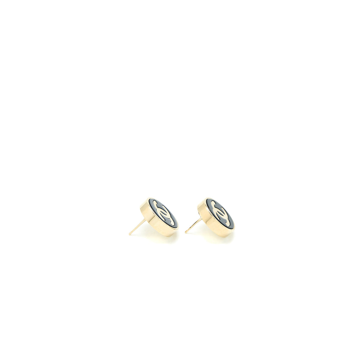 Chanel Round and CC Logo Earrings Black/Light Gold Tone
