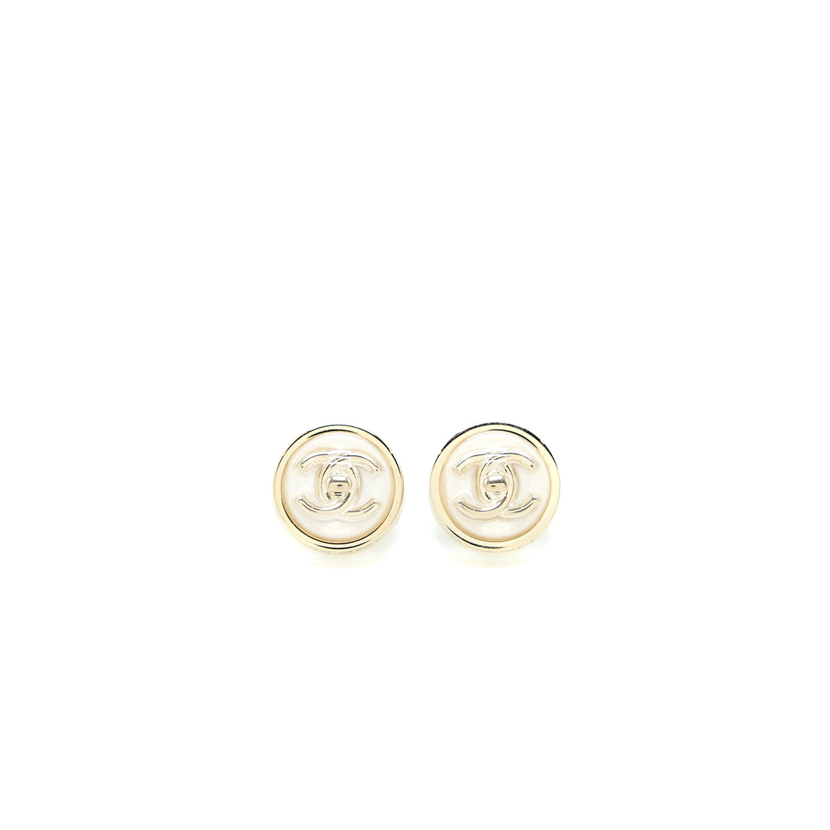 Chanel Round with CC Logo Earrings White/Light Gold Tone