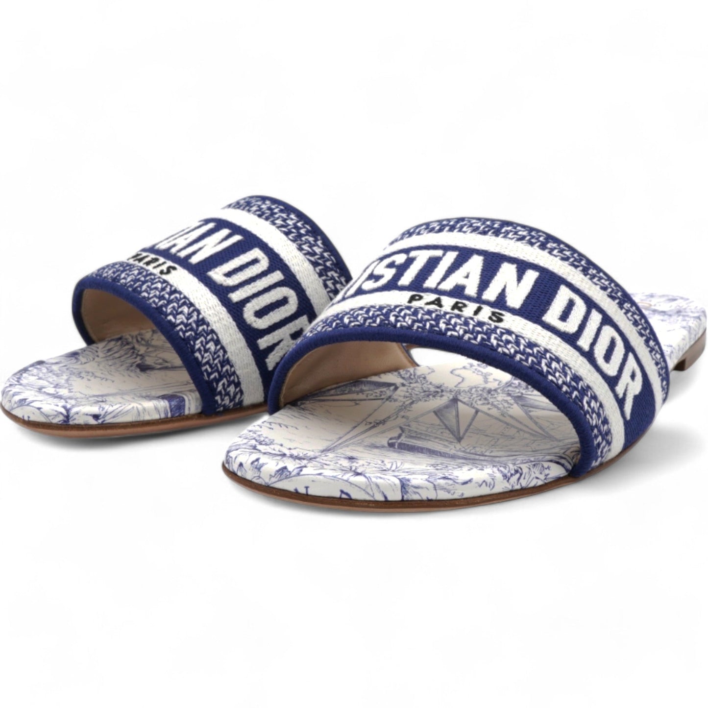 Dior Navy Blue/Grey Canvas Dway Slide Flats Size38.5