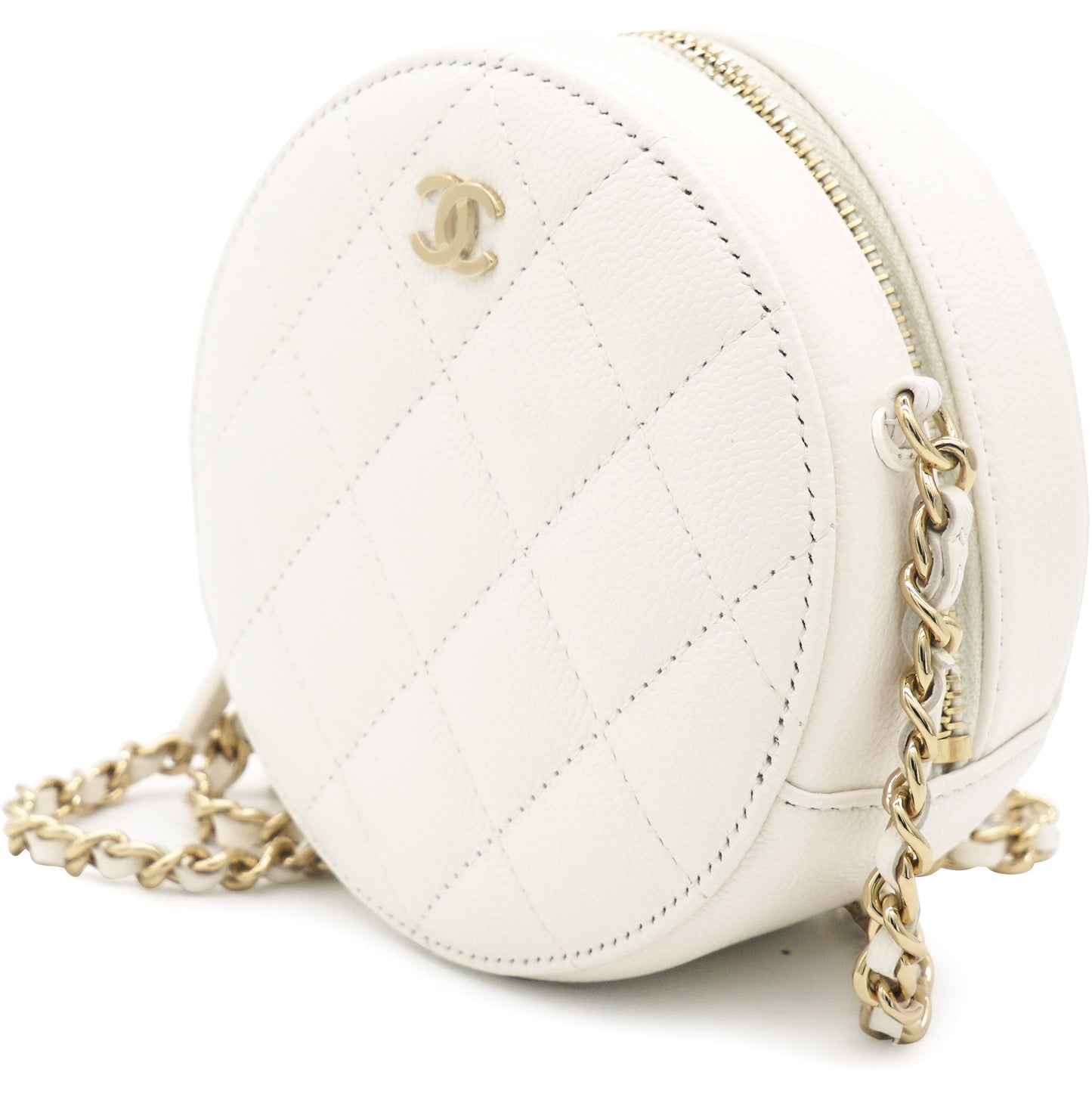 Chanel Caviar Quilted Round Clutch with Chain White