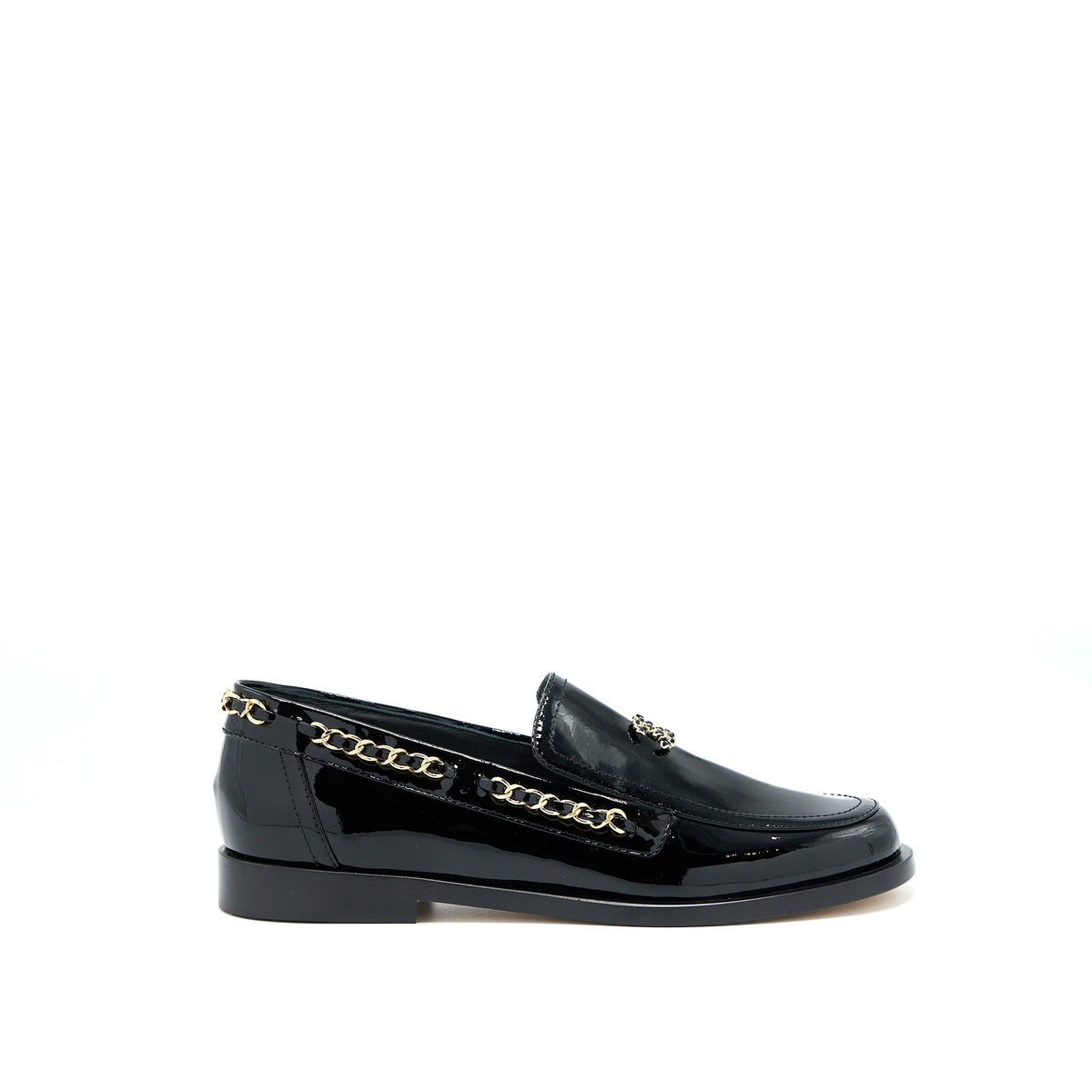 Chanel Size 38 CC Logo Flats Chain Loafers Patent Black