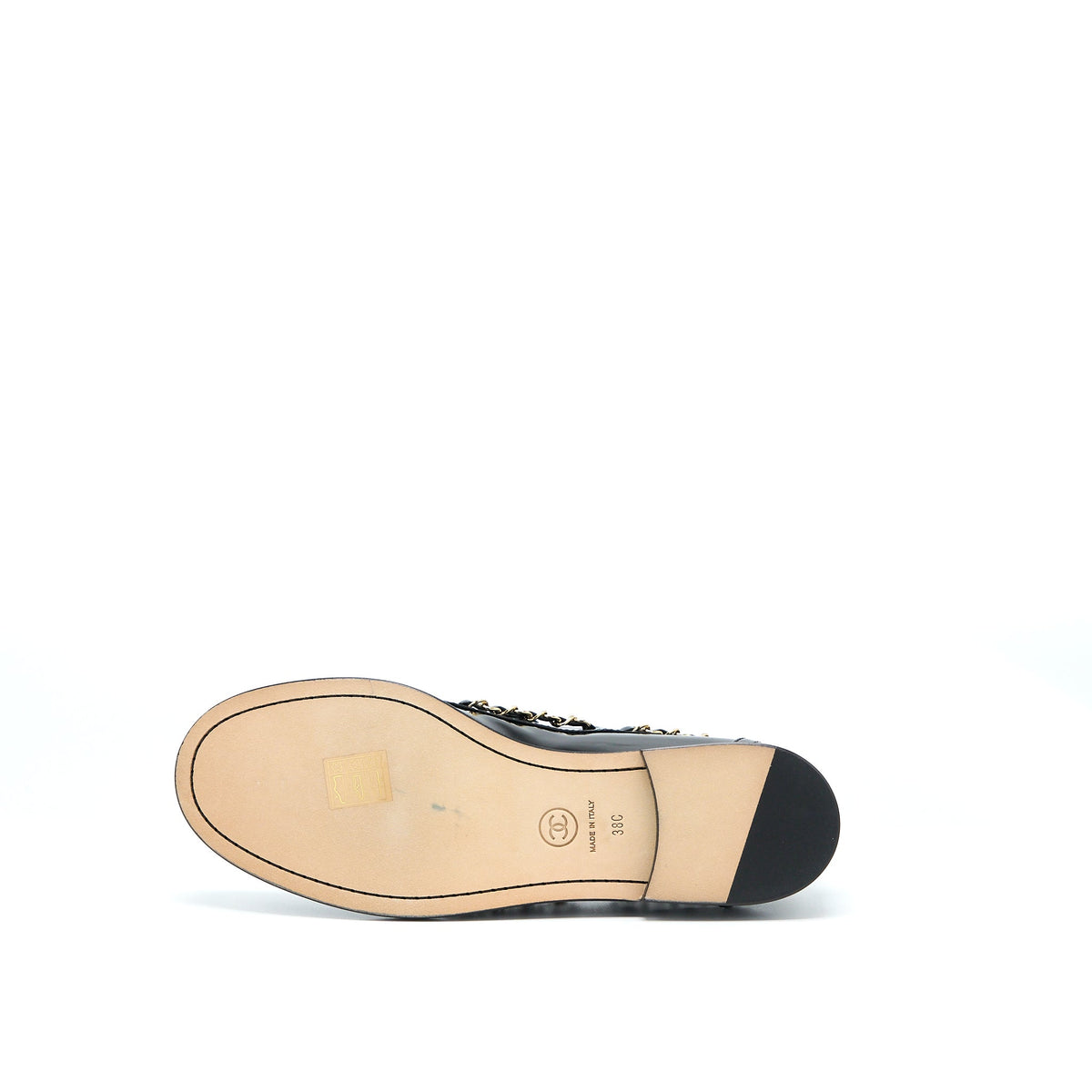 Chanel Size 38 CC Logo Flats Chain Loafers Patent Black