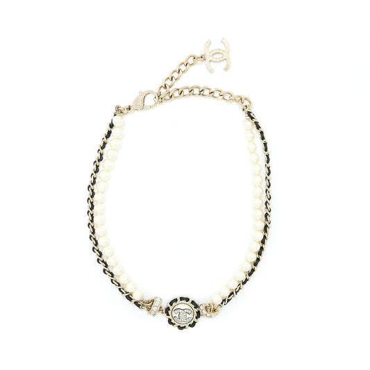 Chanel Crystal CC Logo Leather Chain/ Pearl Chocker Light Gold Tone