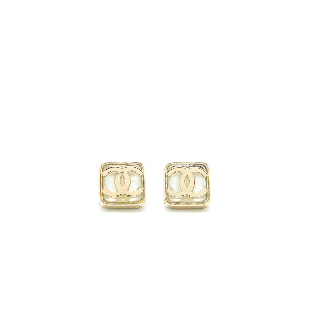 Chanel Square CC Logo Earrings Light Gold Tone