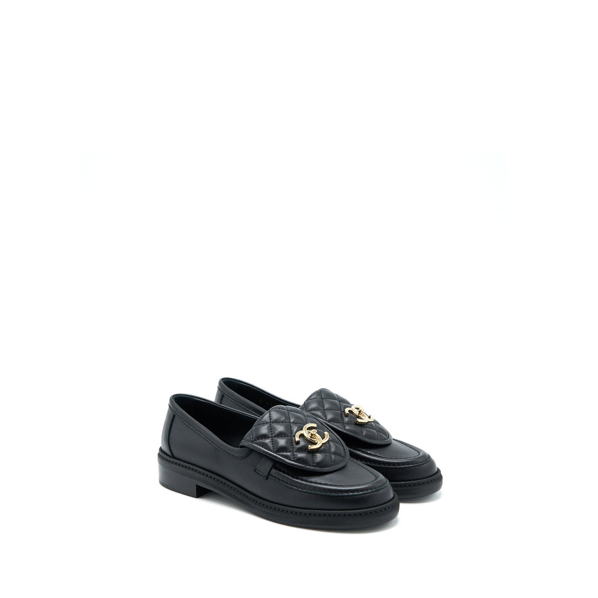 Chanel Size 37.5 Turnlock Loafers Quilted Leather Black LGHW