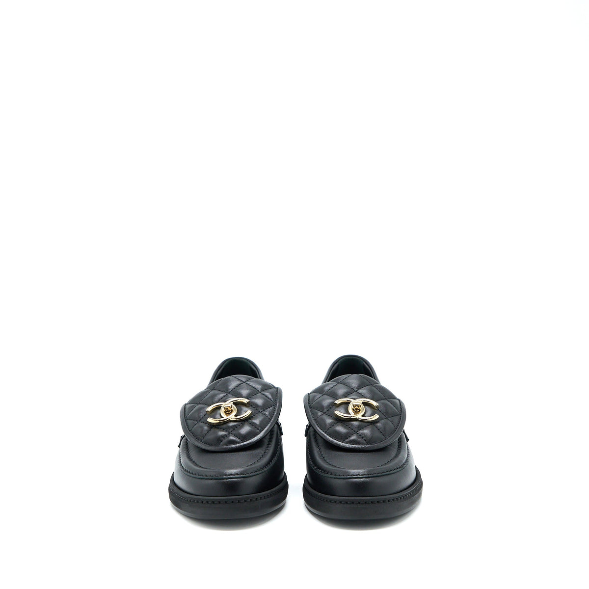 Chanel Size 37.5 Turnlock Loafers Quilted Leather Black LGHW