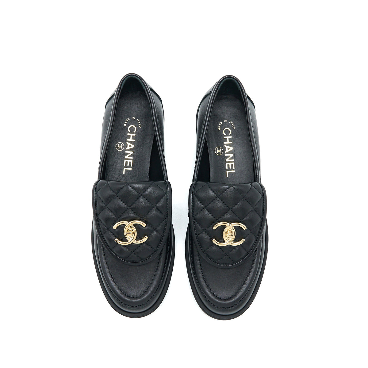 Chanel Size 37.5 Turnlock Loafers Quilted Leather Black LGHW