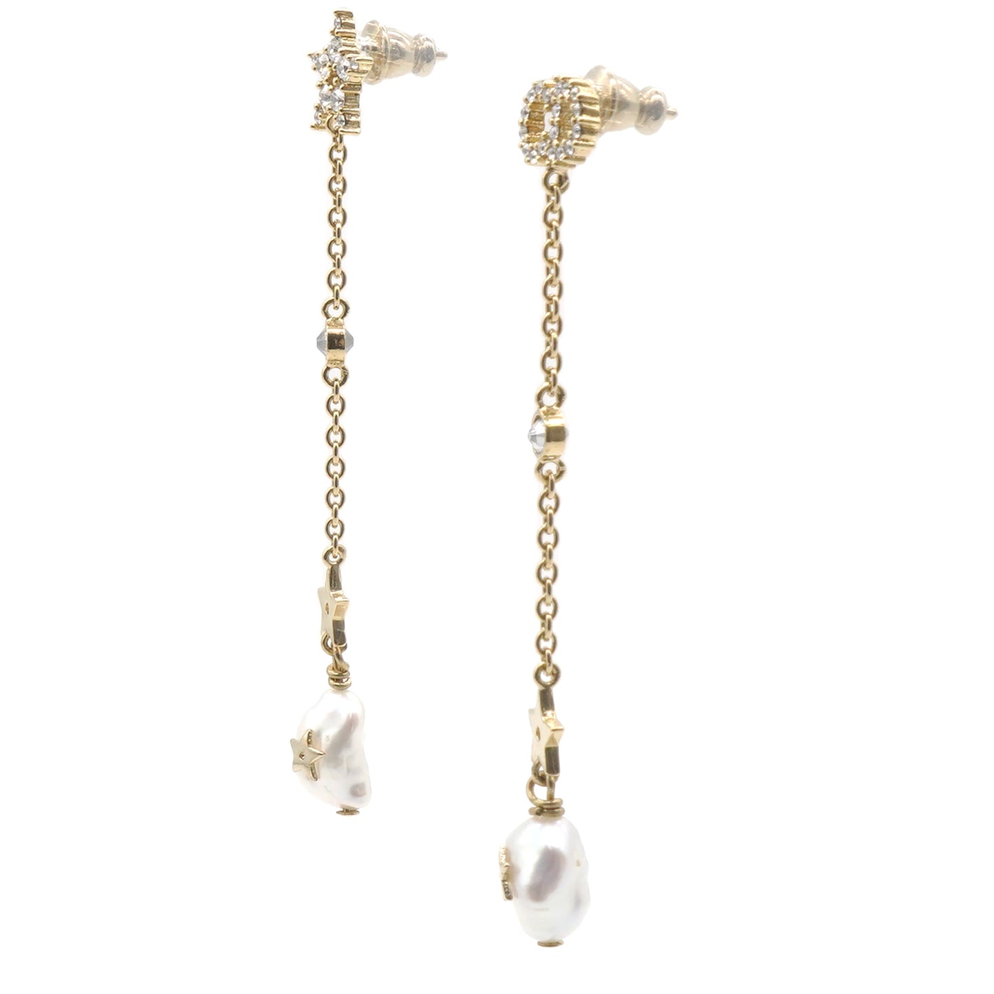 Dior Pearl Crystal Shiny-D Dangle Chain Earrings Gold