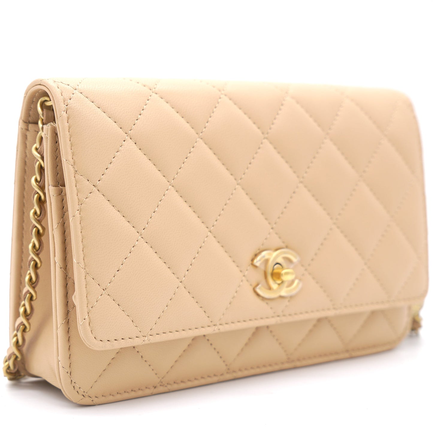 Chanel Lambskin Quilted CC Pearl Crush Wallet on Chain WOC Beige