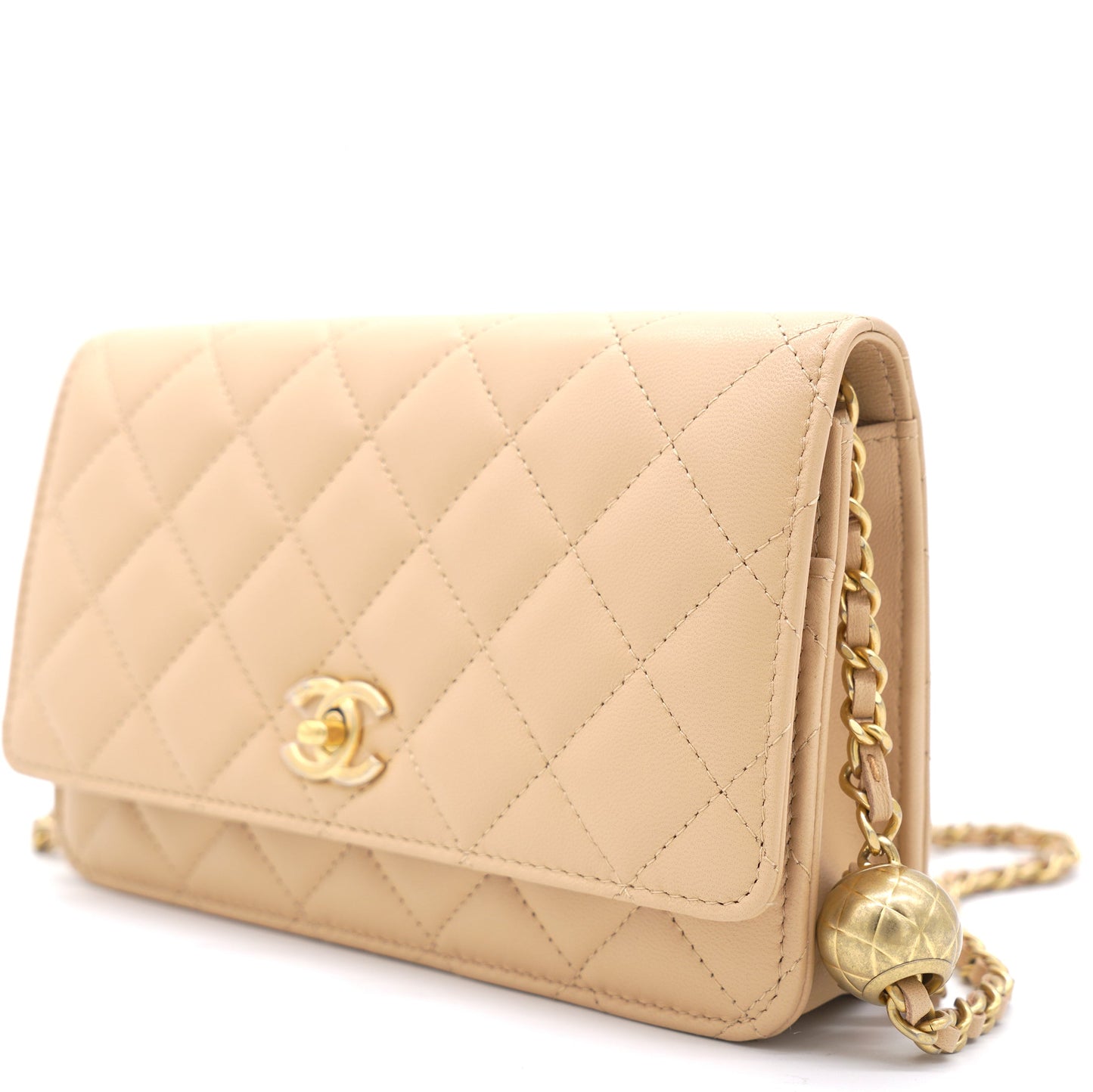 Chanel Lambskin Quilted CC Pearl Crush Wallet on Chain WOC Beige