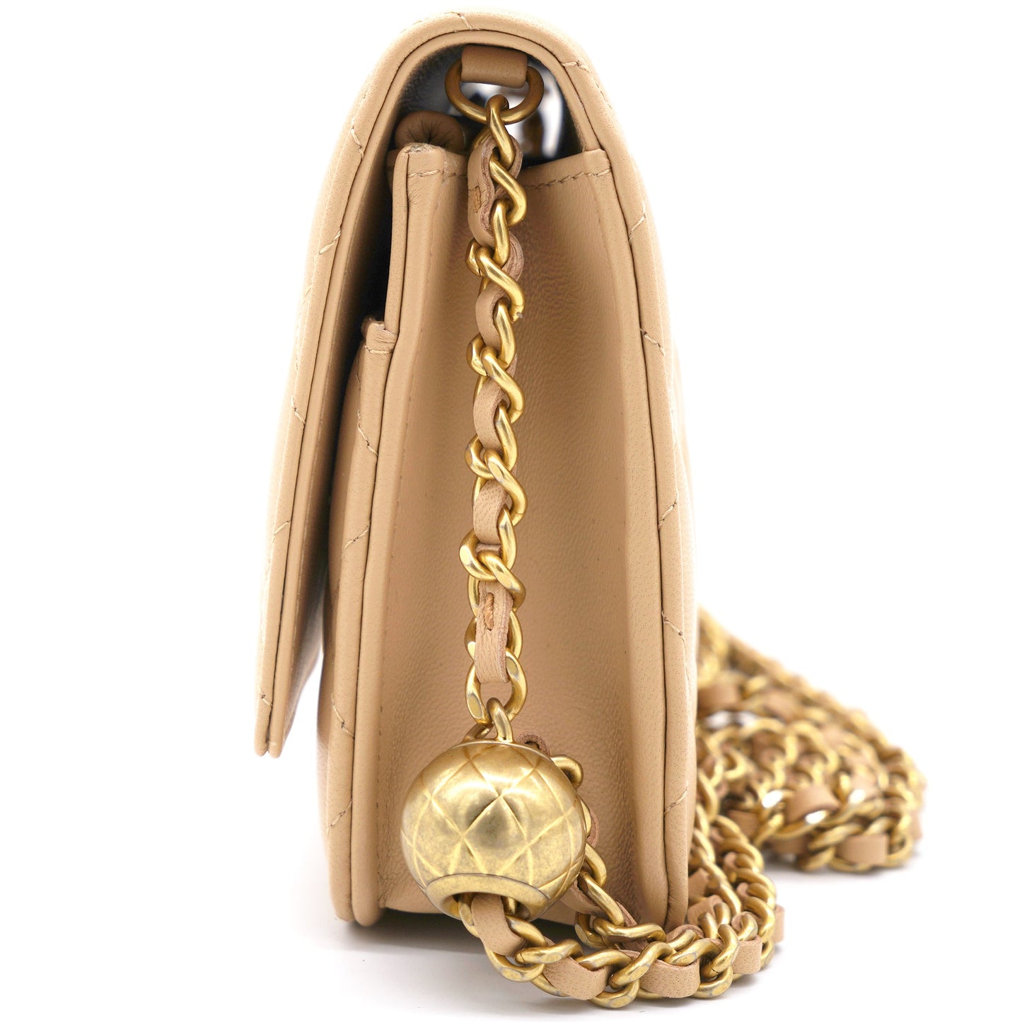 Chanel Lambskin Quilted CC Pearl Crush Wallet on Chain WOC Beige