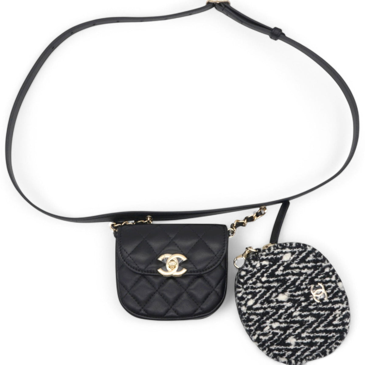 Chanel Tweed Lambskin Quilted Waist Bag With Coin Purse Black