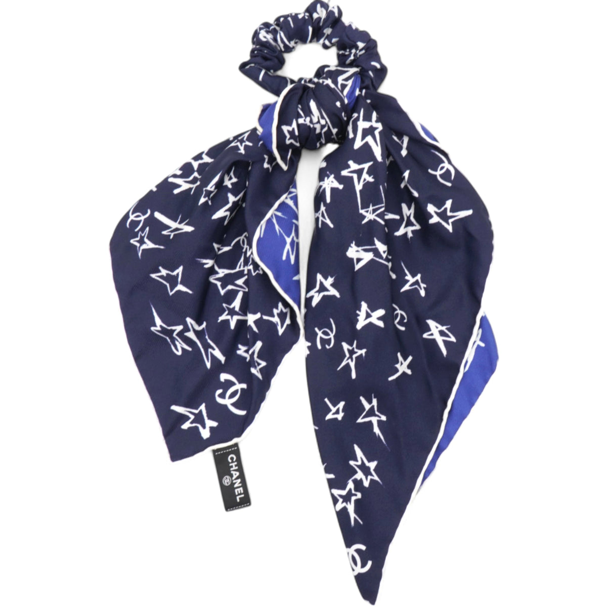 Chanel Hair Tie With Scarf In Blue Silk Navy Blue