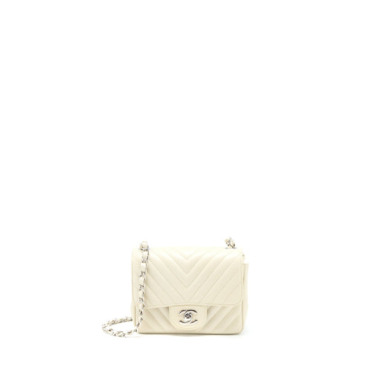 Chanel 21c Mini Square Flap Bag Chevron Lambskin Beige SHW