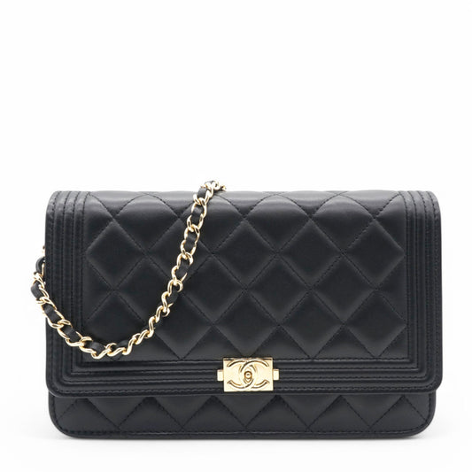 Chanel Lambskin Quilted Boy Wallet On Chain WOC Black