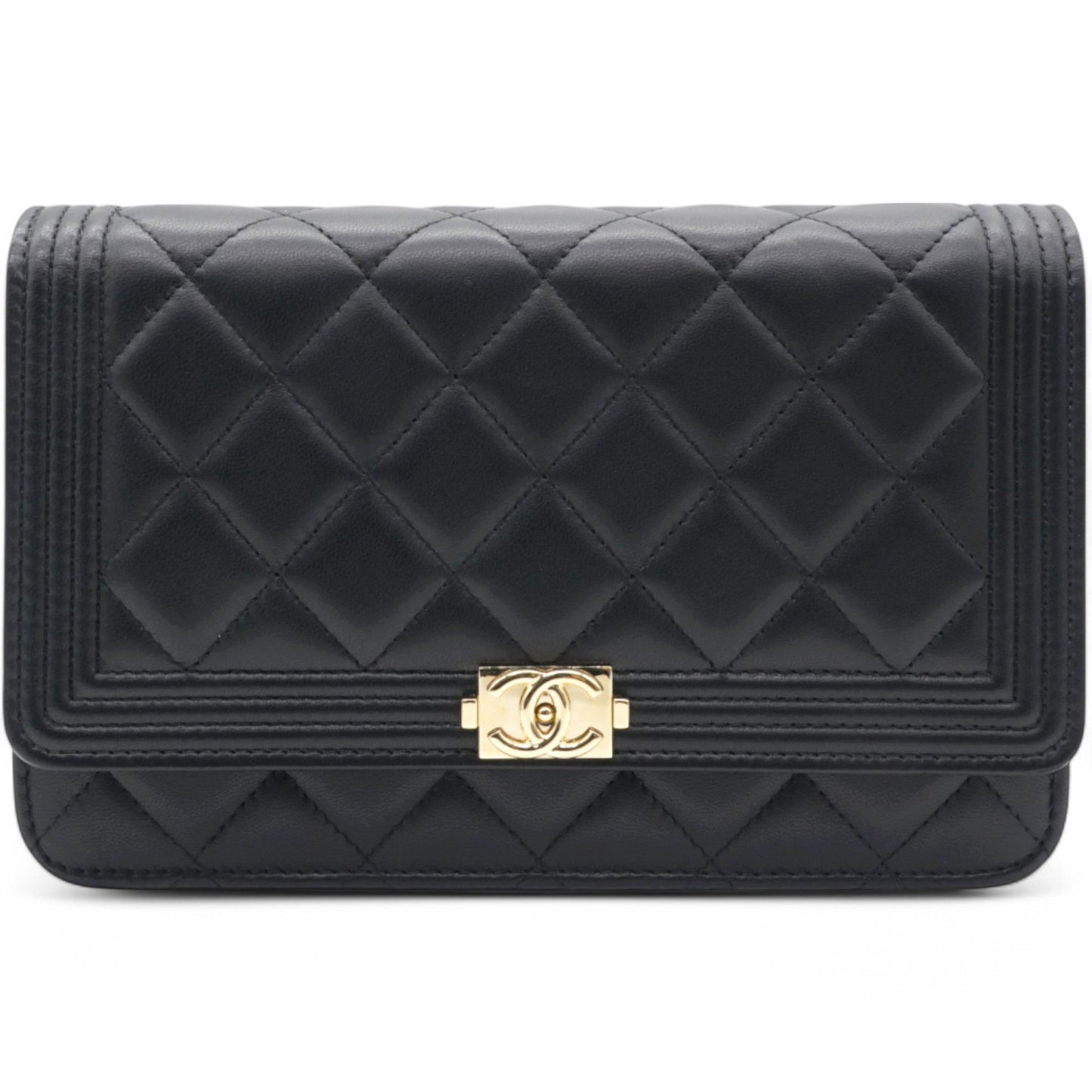 Chanel Lambskin Quilted Boy Wallet On Chain WOC Black