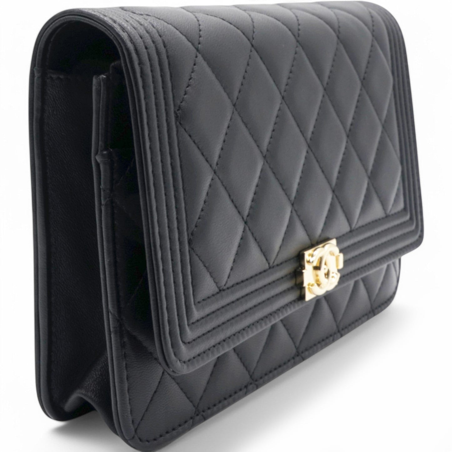 Chanel Lambskin Quilted Boy Wallet On Chain WOC Black