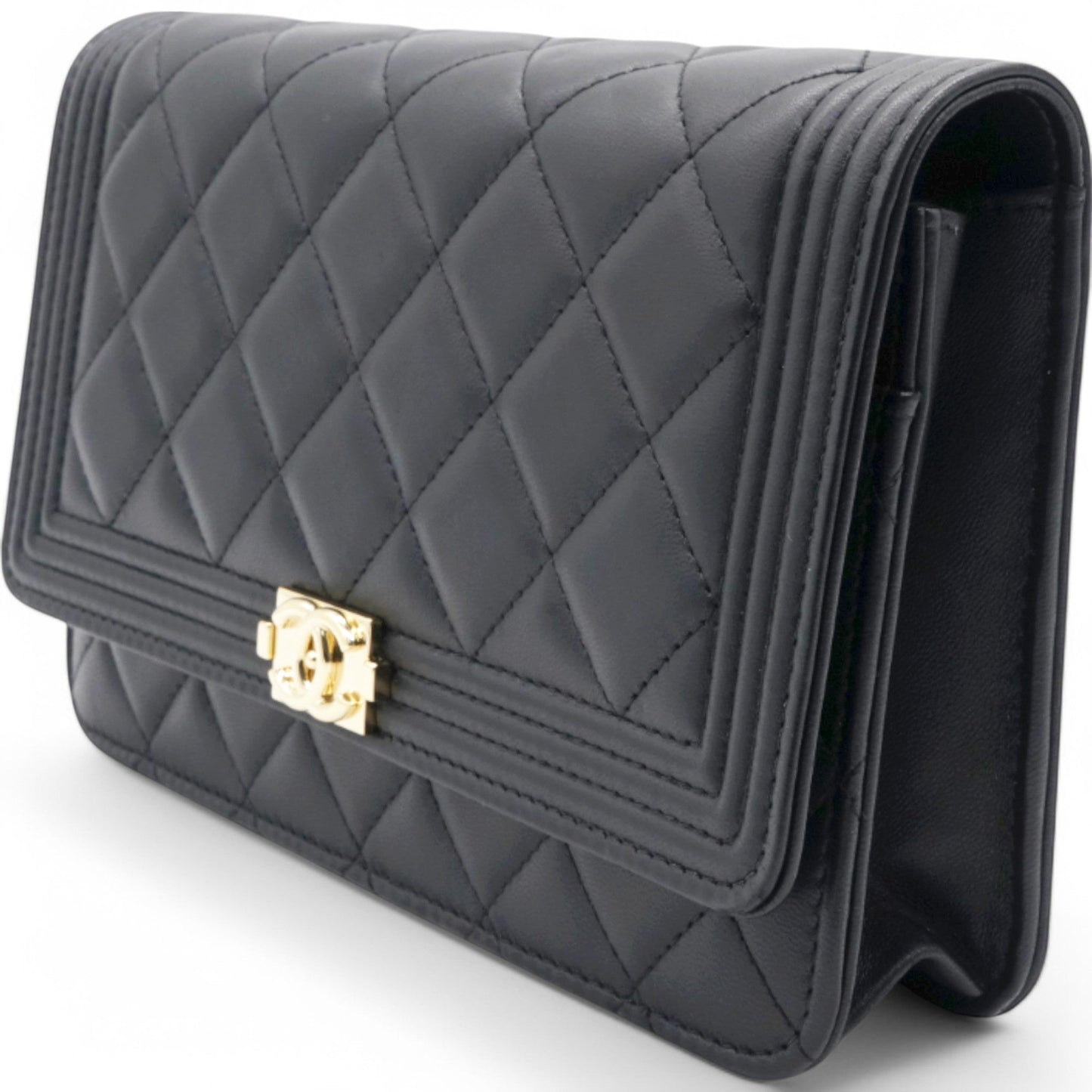 Chanel Lambskin Quilted Boy Wallet On Chain WOC Black