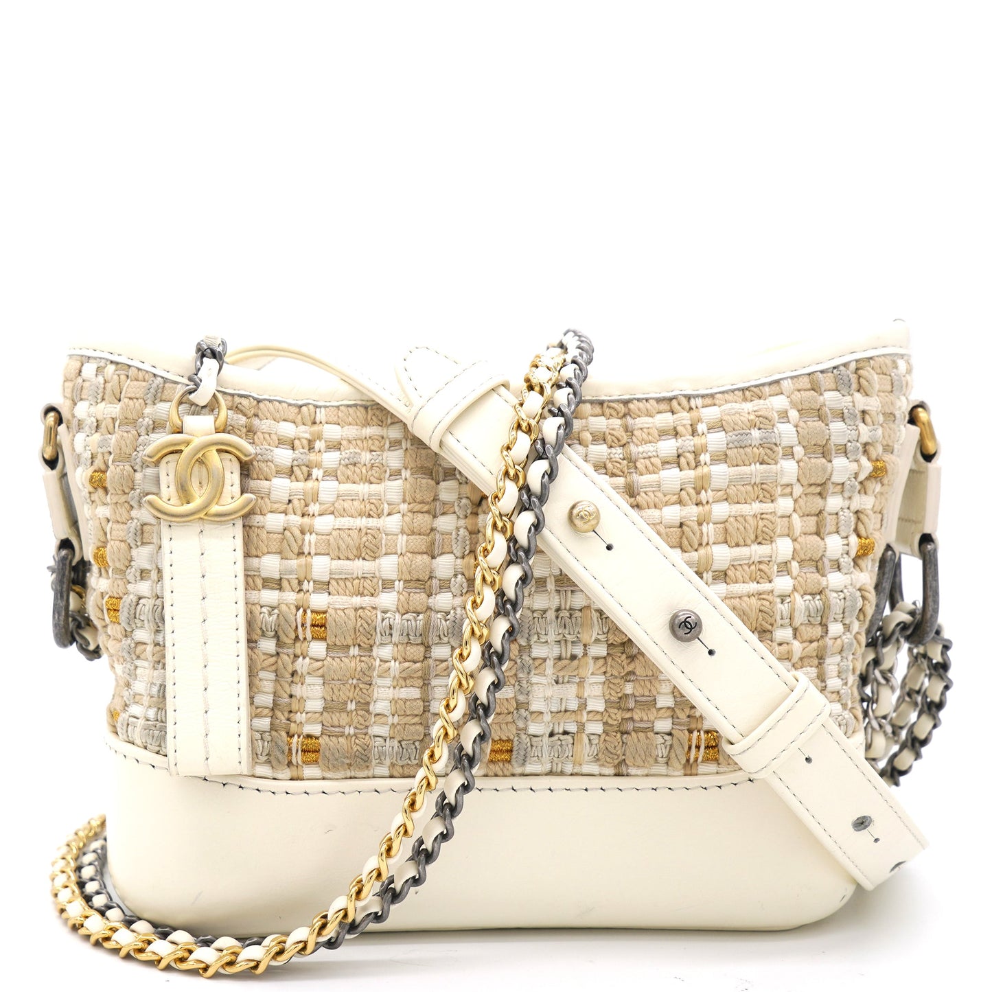 Chanel Cream/Beige Stripe Tweed Calfskin Mini Gabrielle Hobo