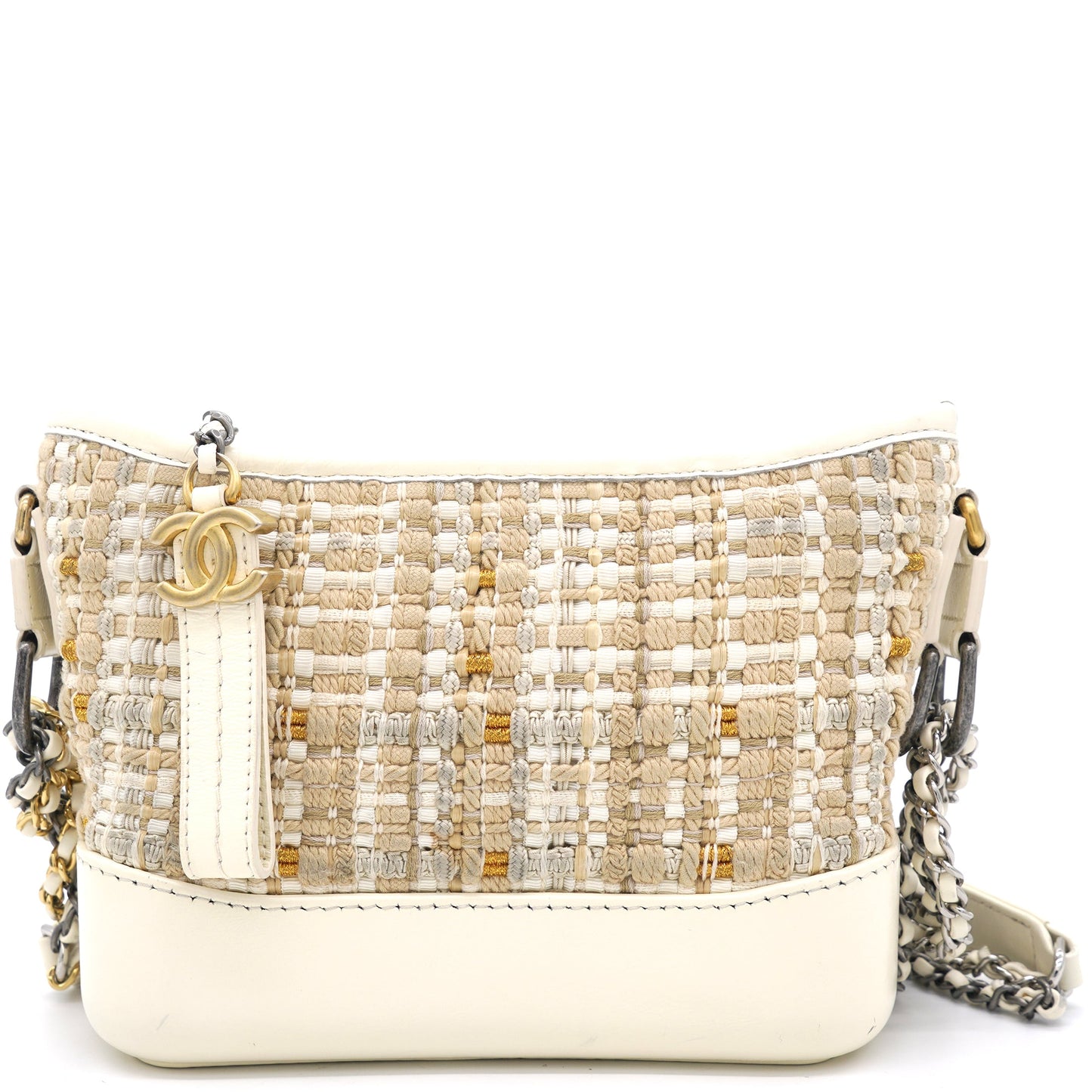 Chanel Cream/Beige Stripe Tweed Calfskin Mini Gabrielle Hobo