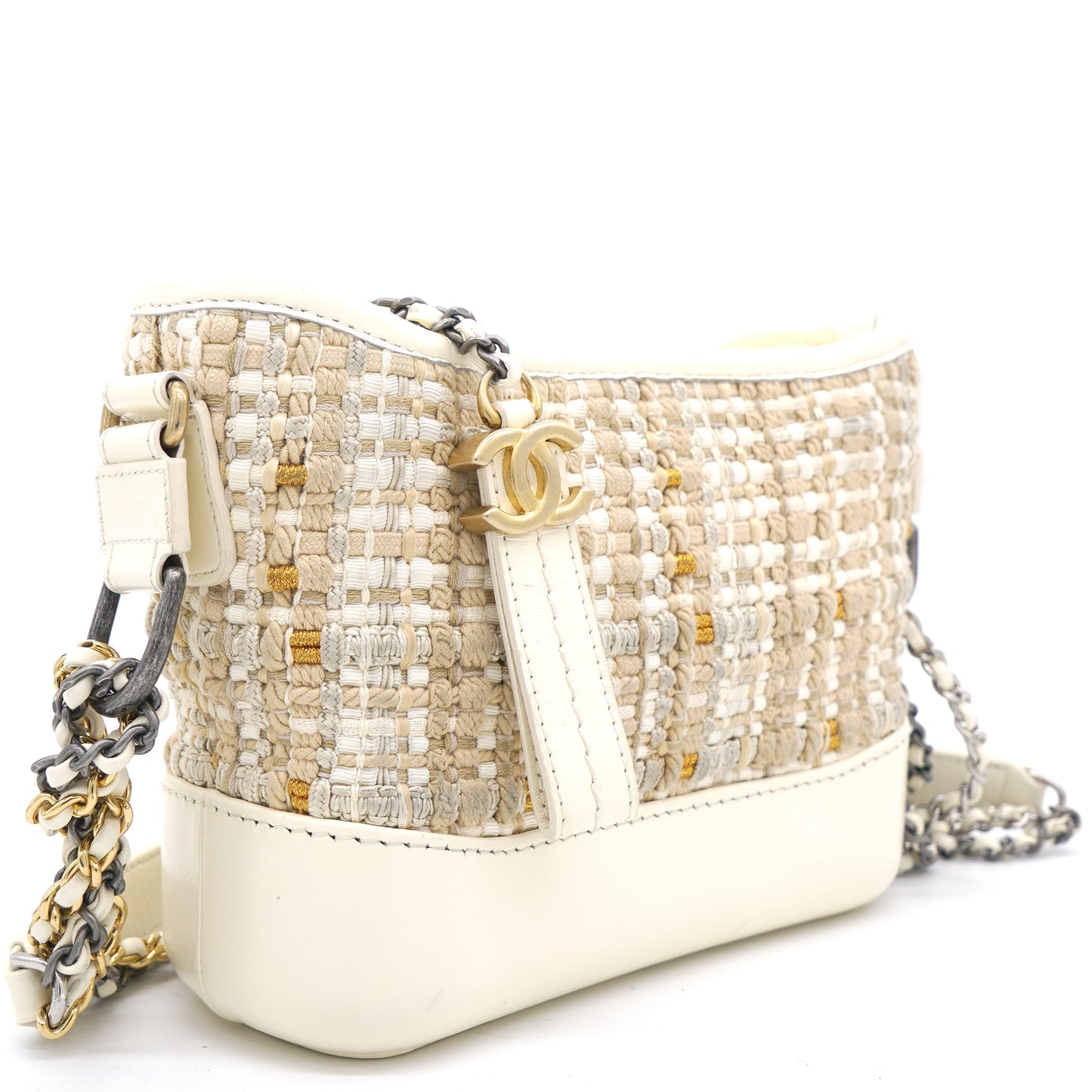 Chanel Cream/Beige Stripe Tweed Calfskin Mini Gabrielle Hobo