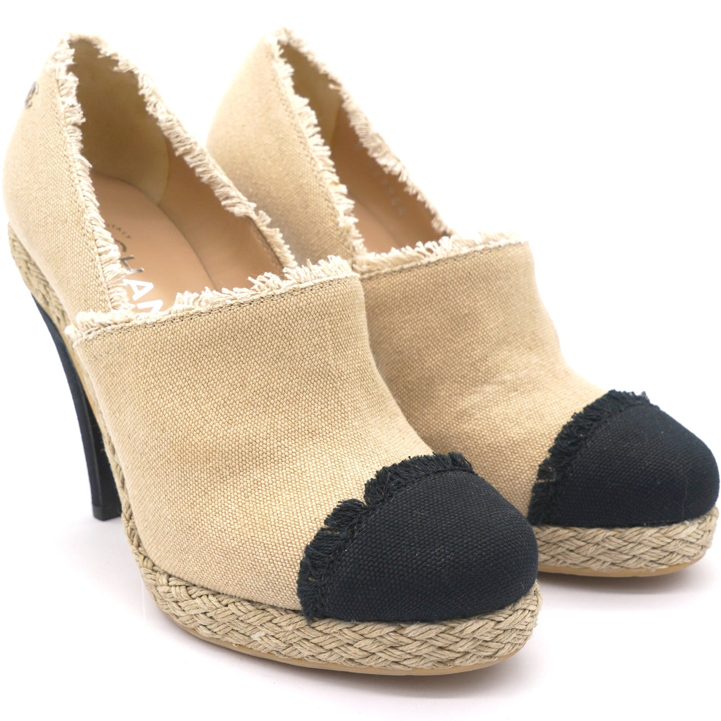 Chanel Beige/Black 2014 Frayed Canvas Espadrilles Pumps 36.5