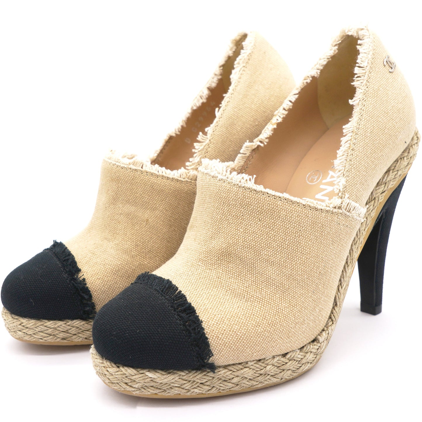Chanel Beige/Black 2014 Frayed Canvas Espadrilles Pumps 36.5