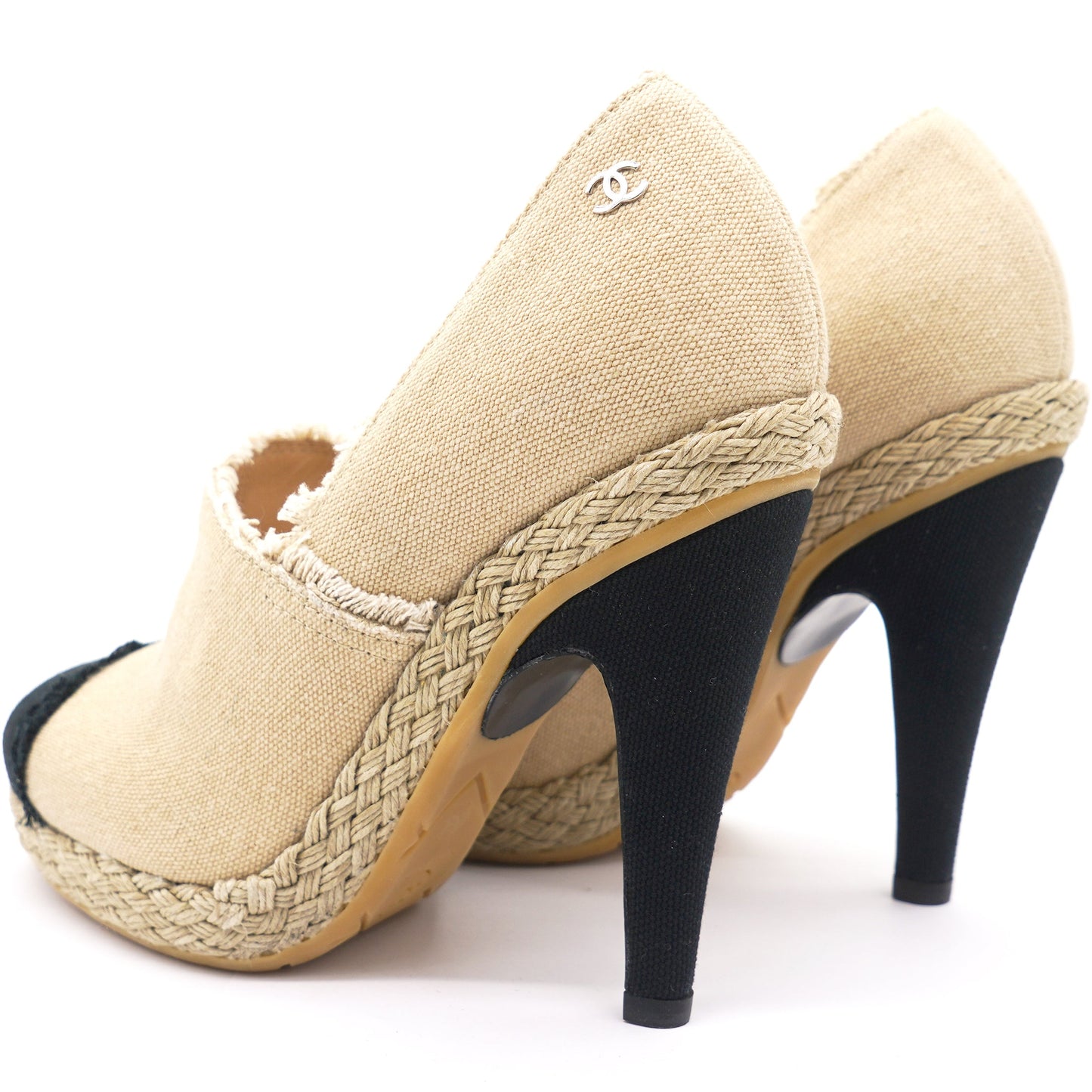Chanel Beige/Black 2014 Frayed Canvas Espadrilles Pumps 36.5
