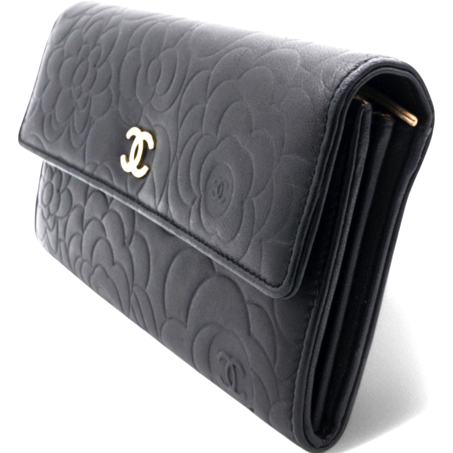 Chanel Caviar Camellia Embossed Flap Wallet Black