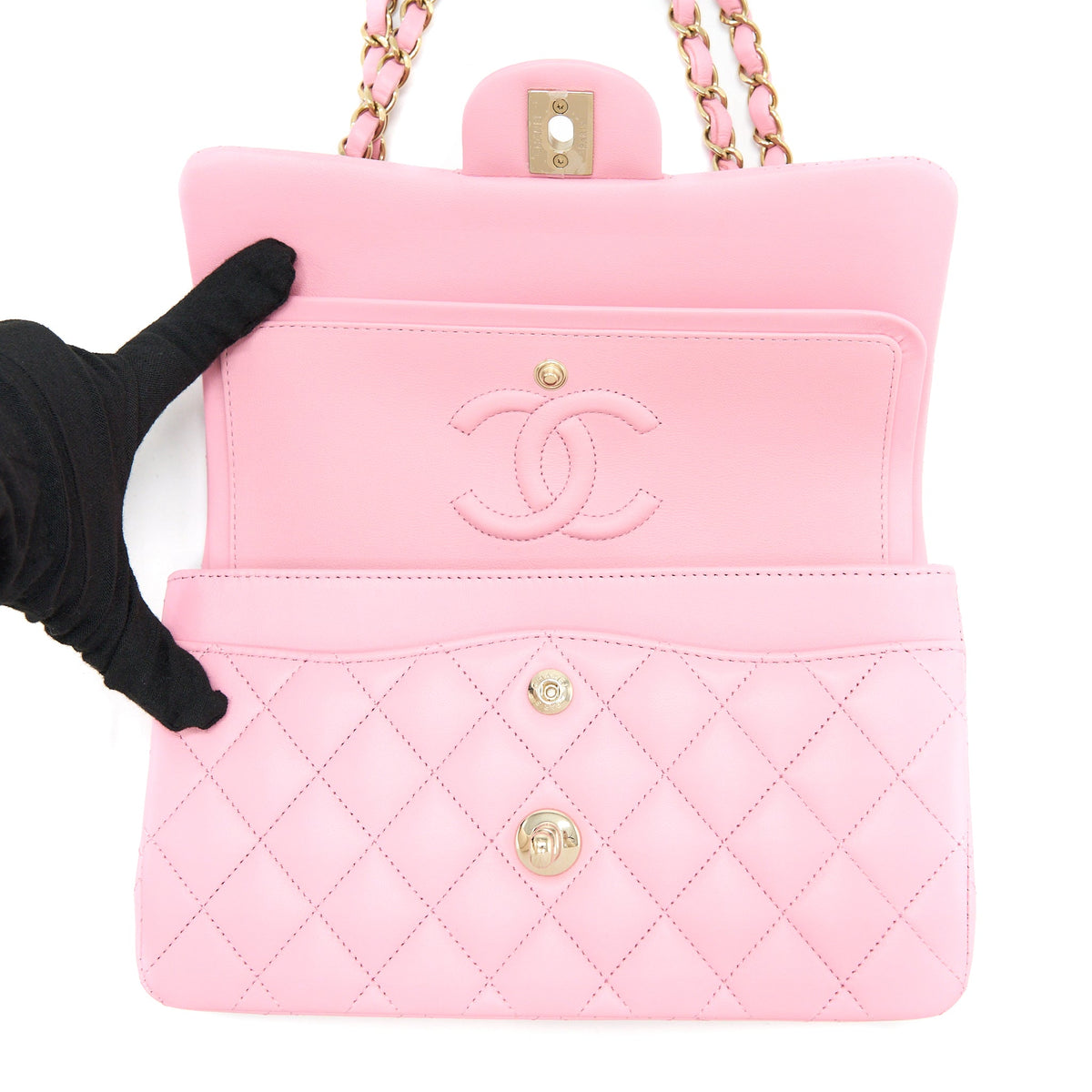 Chanel Small Classic Flap Bag Lambskin Pink LGHW (Microchip)