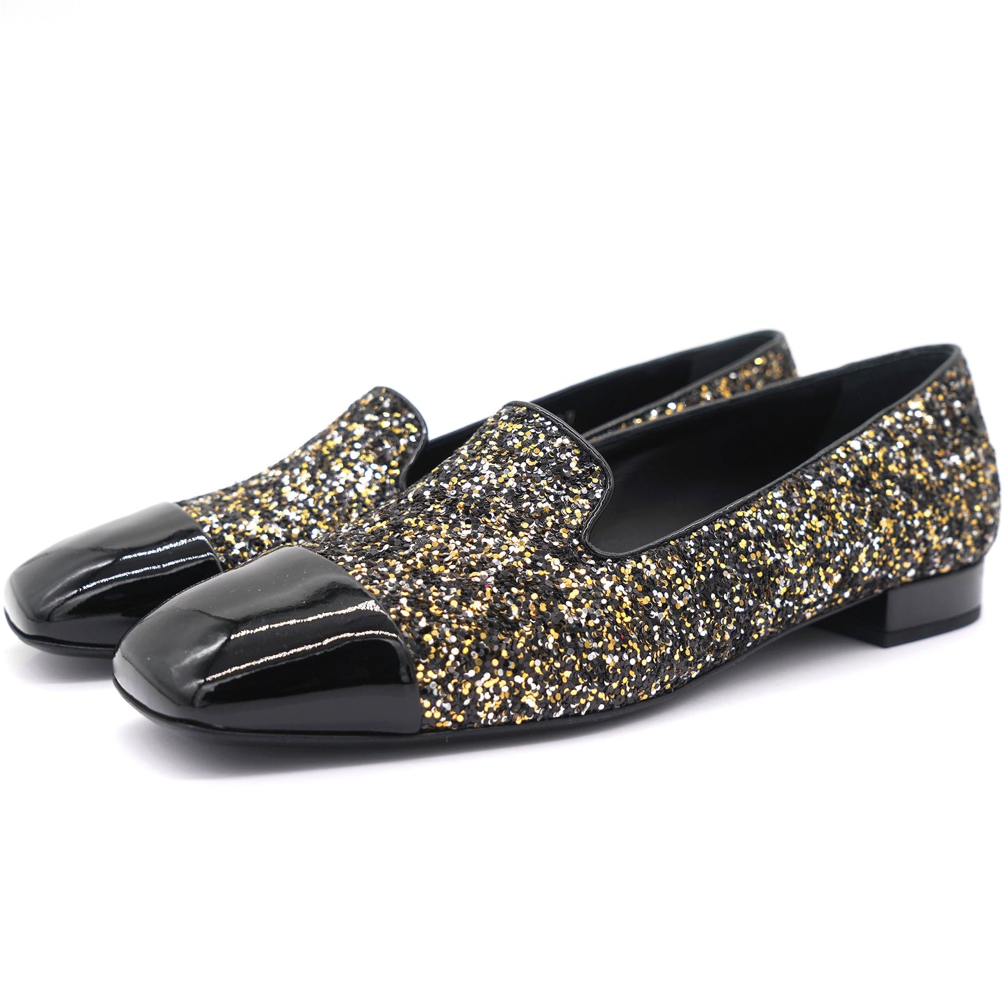 Chanel Glitter and Black Patent Leather Cap Toe Loafers 38.5