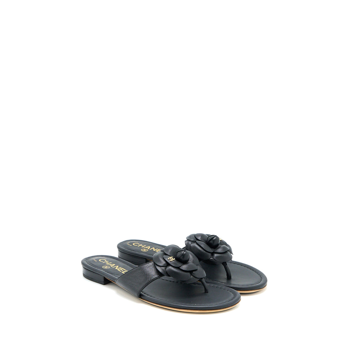 Chanel Size 36 Camelia Sandal Black Gold Tone