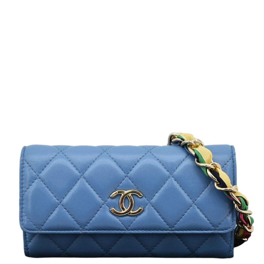 CHANEL Ribbon Leather Long Clutch Crossbody Bag Blue