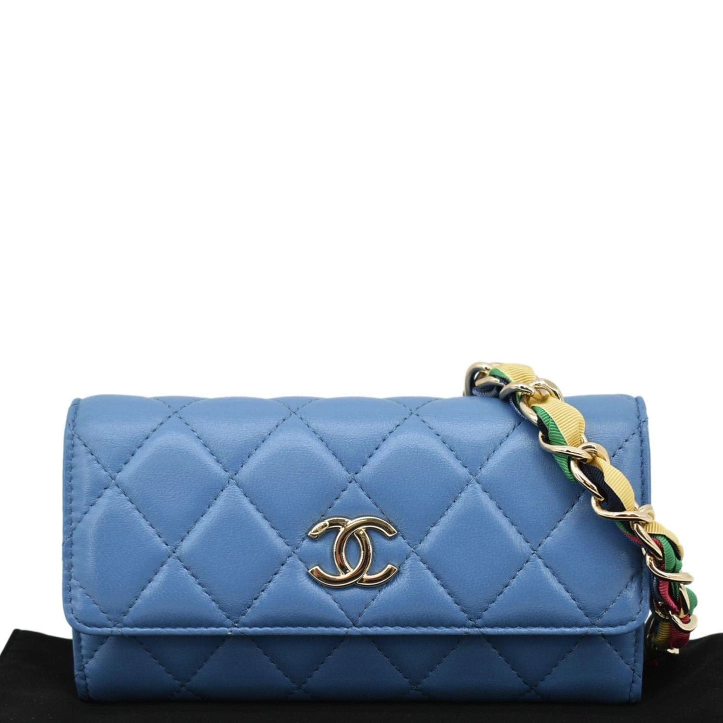 CHANEL Ribbon Leather Long Clutch Crossbody Bag Blue