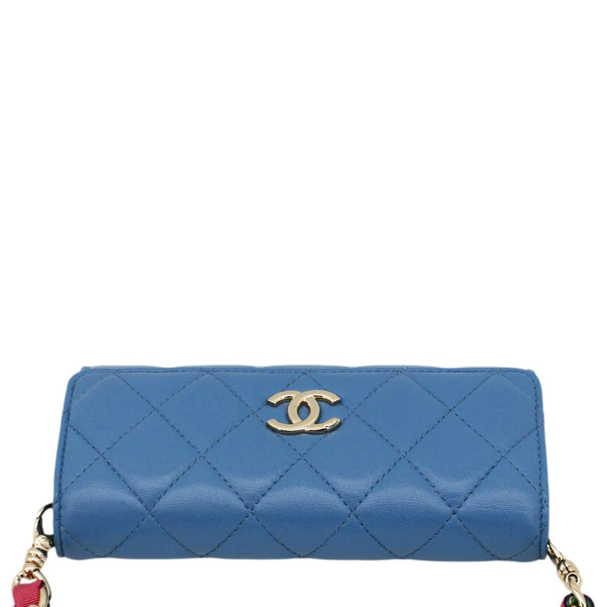 CHANEL Ribbon Leather Long Clutch Crossbody Bag Blue