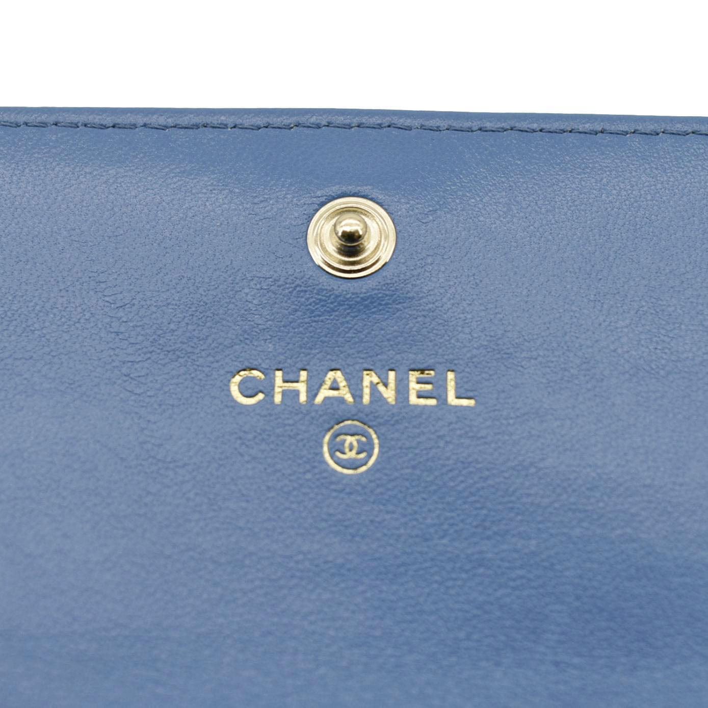 CHANEL Ribbon Leather Long Clutch Crossbody Bag Blue