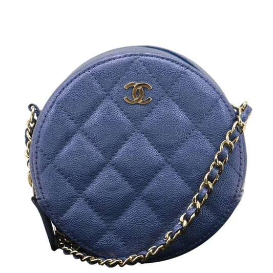 CHANEL Round Clutch with Chain Mini Quilted Iridescent Caviar Leather Crossbody Bag Shiny Blue