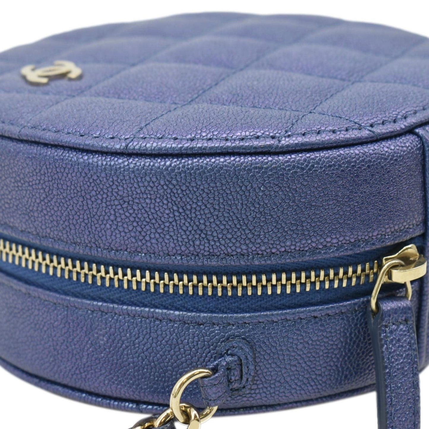 CHANEL Round Clutch with Chain Mini Quilted Iridescent Caviar Leather Crossbody Bag Shiny Blue