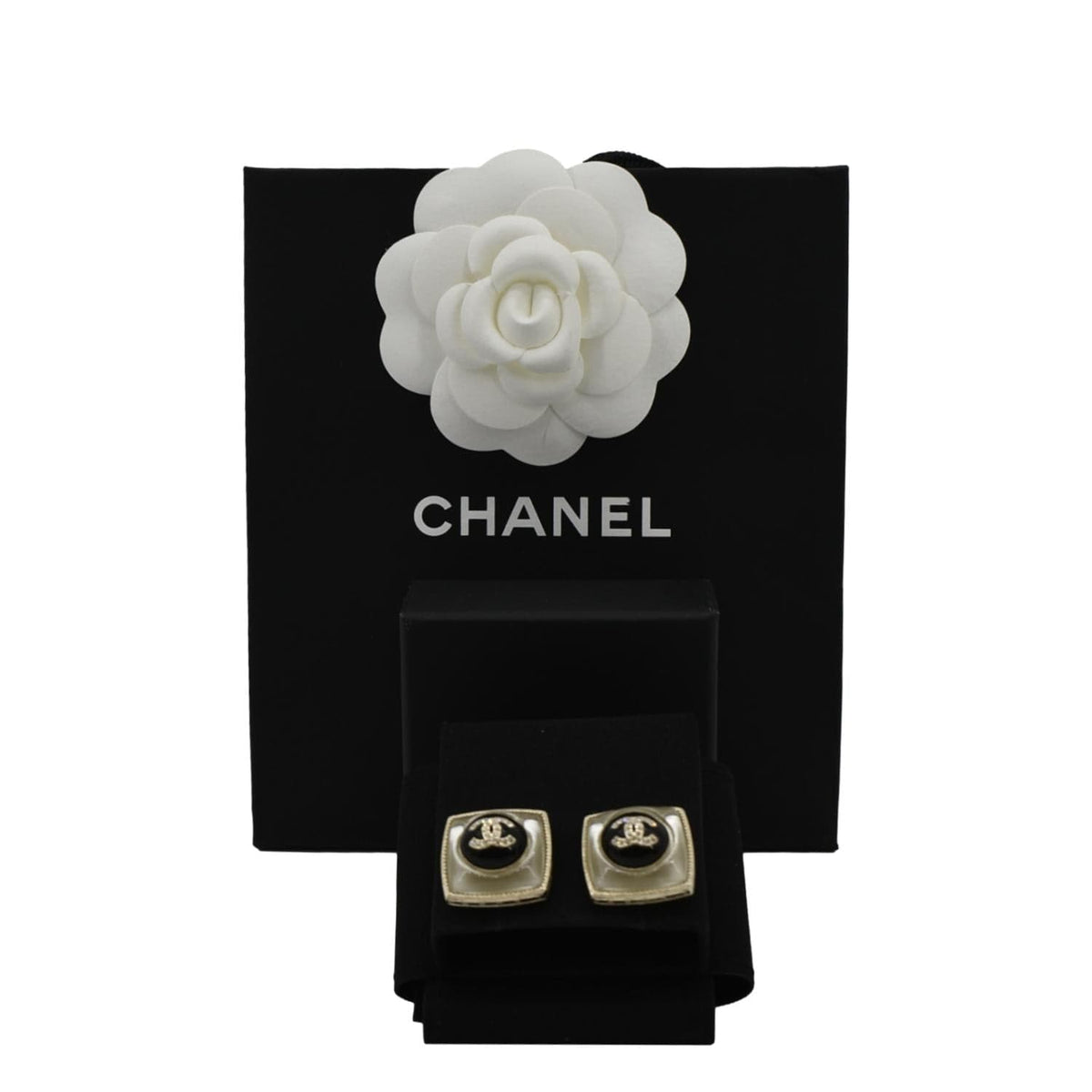 CHANEL Square Clip-on Metal Glass Pearl Strass Earrings Black