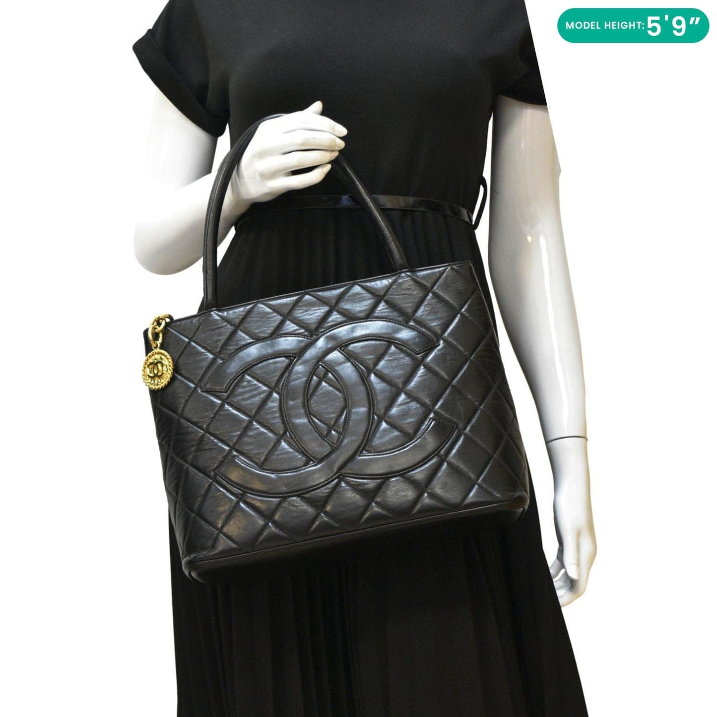 CHANEL Medallion Quilted Caviar Leather Tote Bag Black