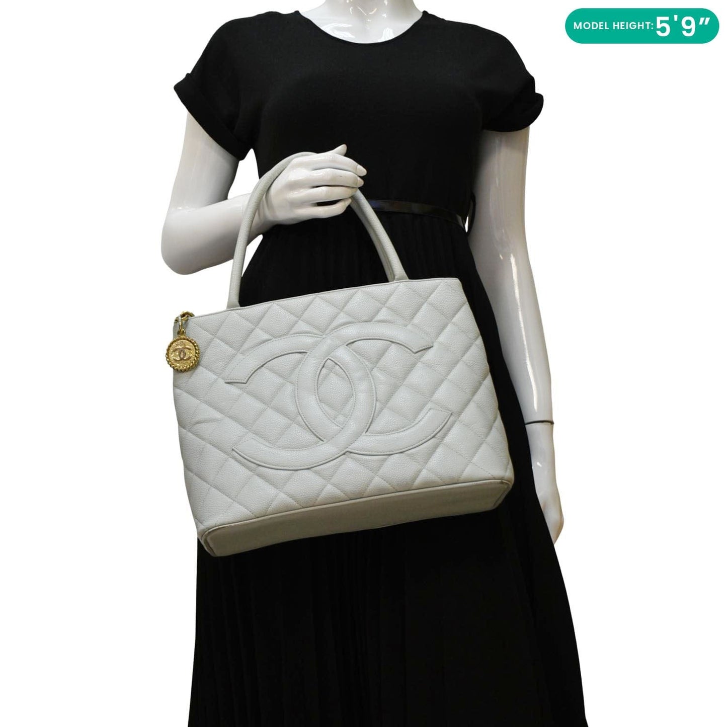 CHANEL Medallion Quilted Caviar Leather Tote Bag Light Blue