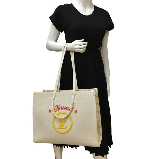 LOUIS VUITTON Hawaii Onthego GM Monogram Tuffetage Tote Shoulder Bag Off White