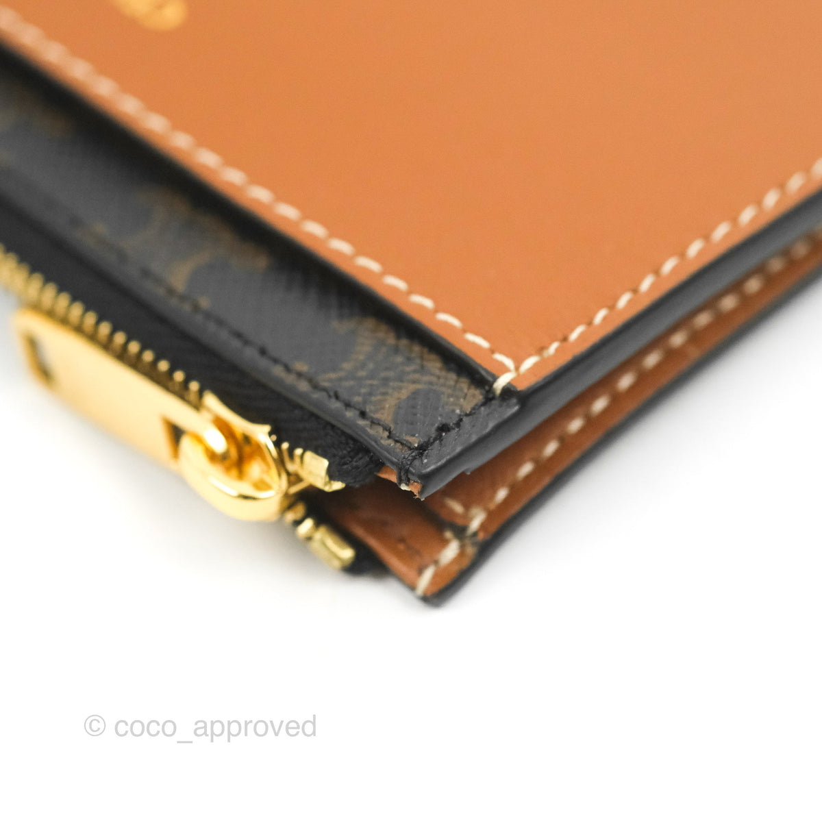 Celine Zipped Card Holder Triomphe Canvas Tan Lambskin