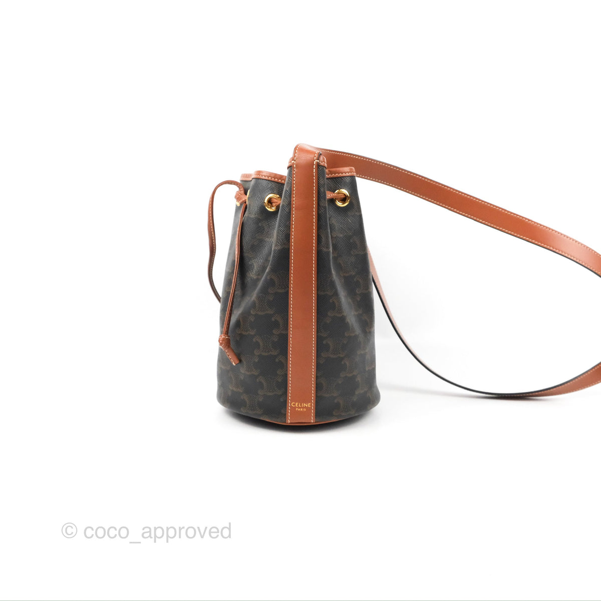 Celine Small Drawstring Bag Triomphe Canvas Tan Calfskin